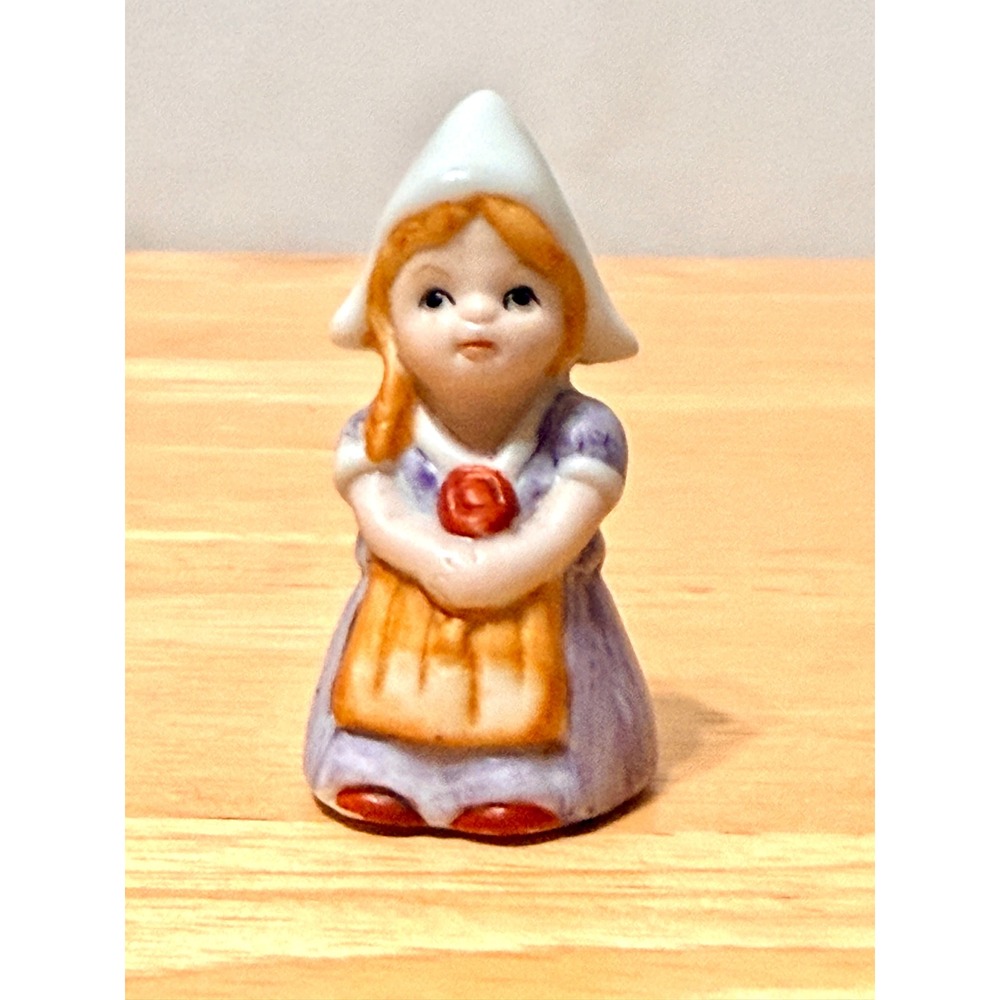 Vintage Miniature Porcelain Dutch Girl Thimble Purple Dress Yellow Apron Bonnet